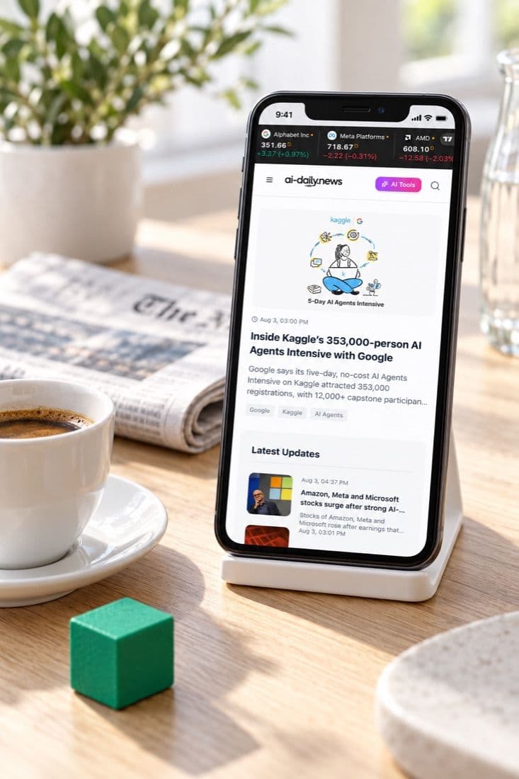 AI Daily su un telefono accanto a un caffè