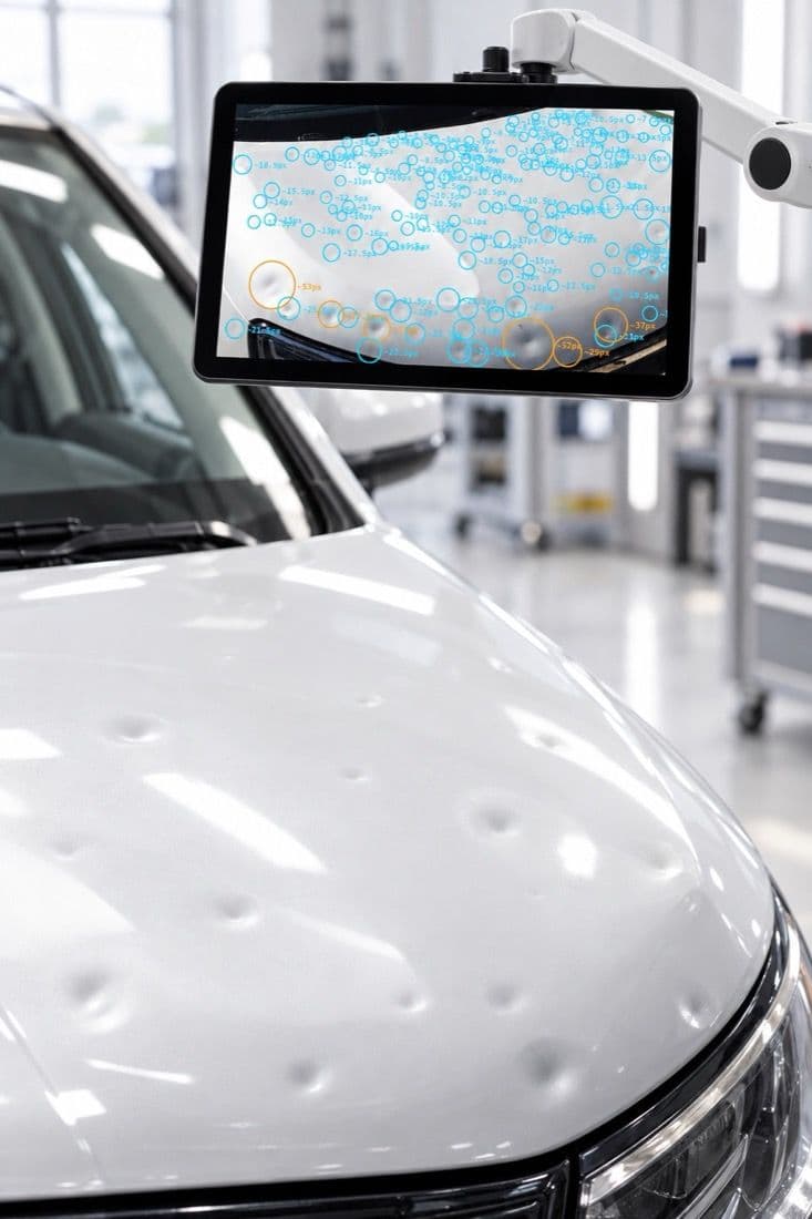 HailAPI su un tablet sopra il cofano di un'auto grandinata