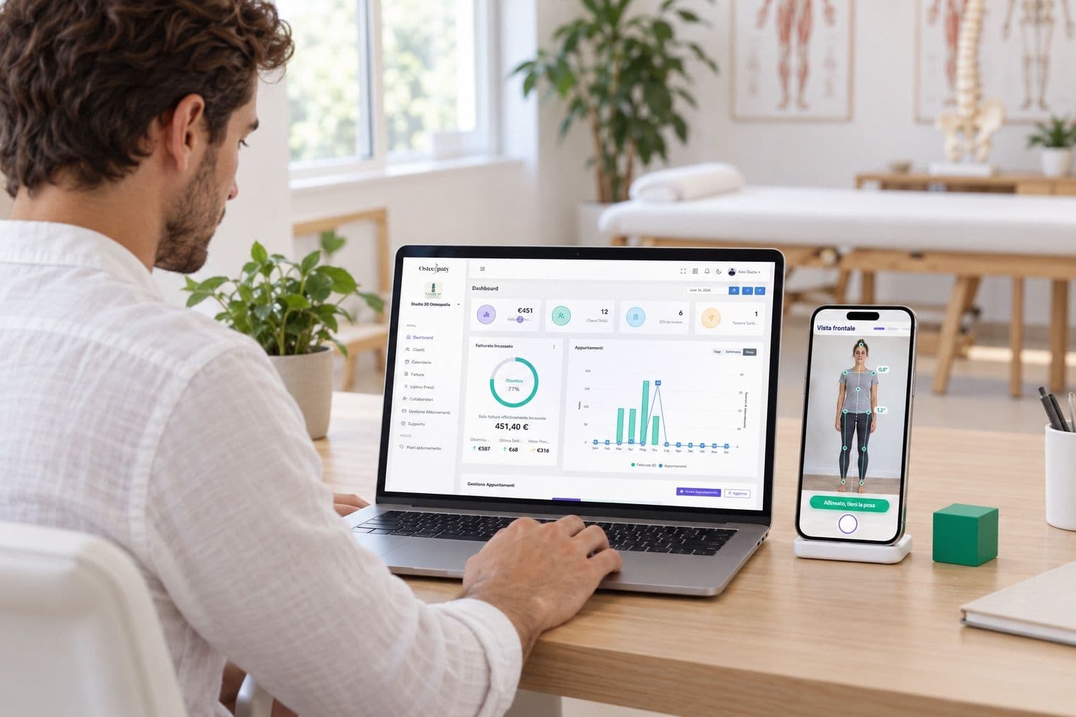 An osteopath using Osteopaty.it on a laptop, with the posture analysis on an iPhone