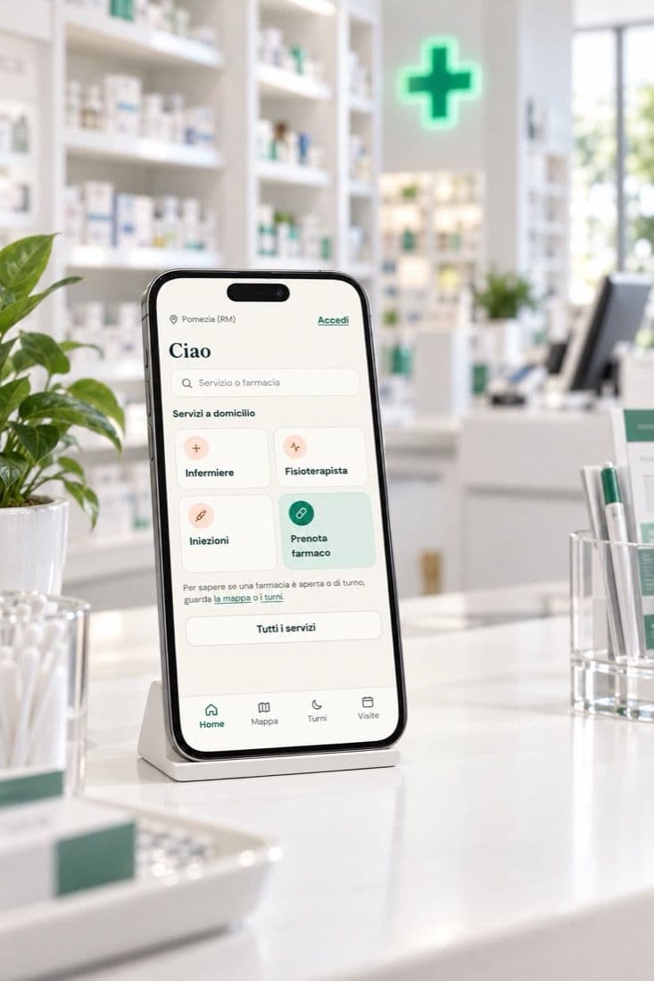 Farmacasa su un telefono al banco di una farmacia