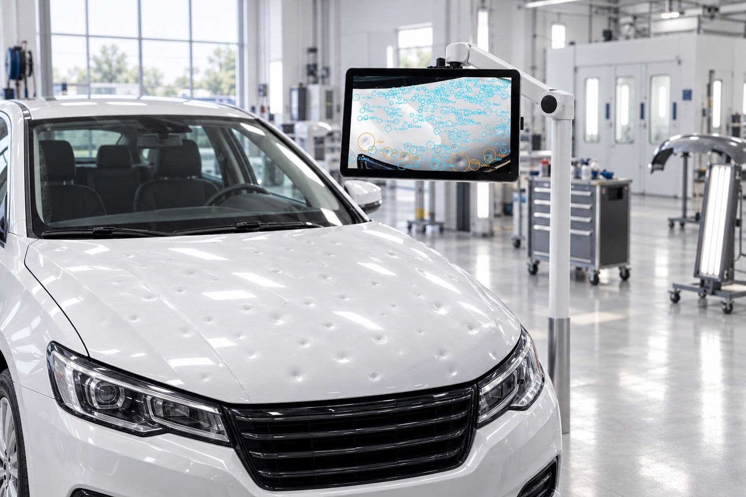 A tablet with the AI scan of hail damage above a car bonnet, in a body shop
